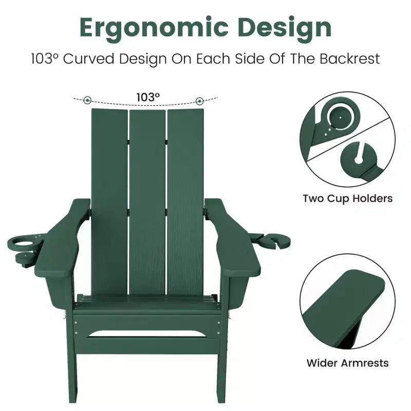 Hyleory Outdoor HDPE Folding Adirondack Chairs with 2 Cup Holders-103 degrees Curved Backrest Patio Accent Chair