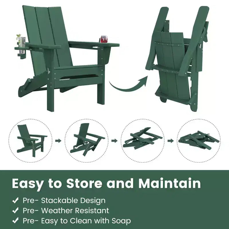 Hyleory Outdoor HDPE Folding Adirondack Chairs with 2 Cup Holders-103 degrees Curved Backrest Patio Accent Chair
