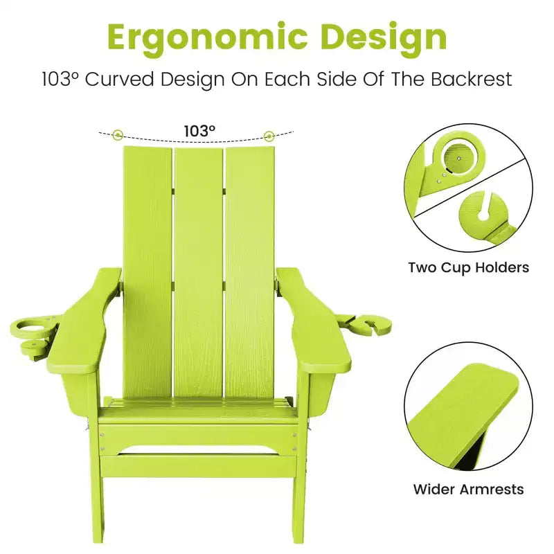 Hyleory Outdoor HDPE Folding Adirondack Chairs with 2 Cup Holders-103 degrees Curved Backrest Patio Accent Chair