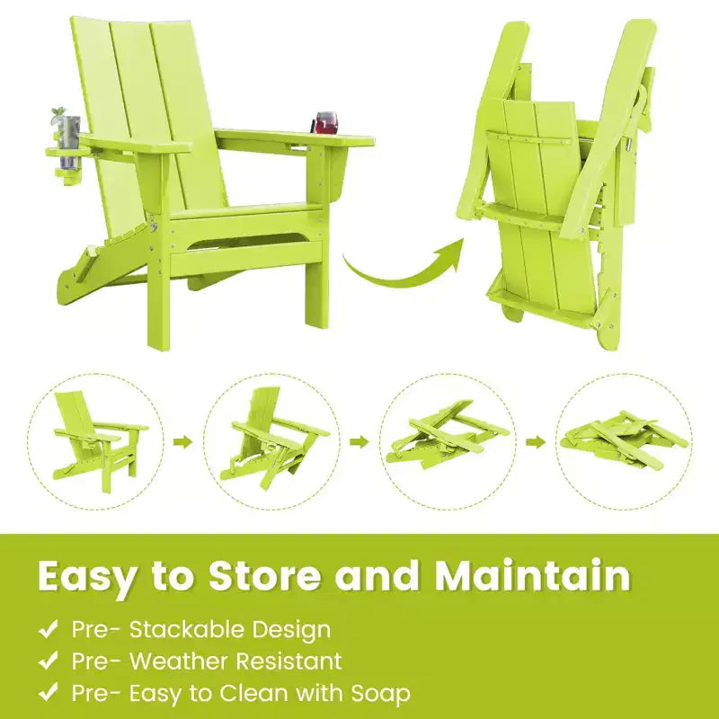 Hyleory Outdoor HDPE Folding Adirondack Chairs with 2 Cup Holders-103 degrees Curved Backrest Patio Accent Chair