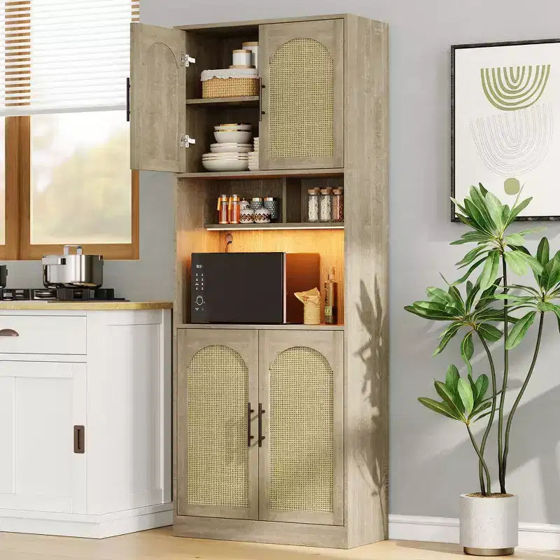 Dispensa da cucina Garvee con luce RGB, mobile alto da cucina con vetrina e supporto per microonde, armadietto in legno, credenza per sala da pranzo, rovere
