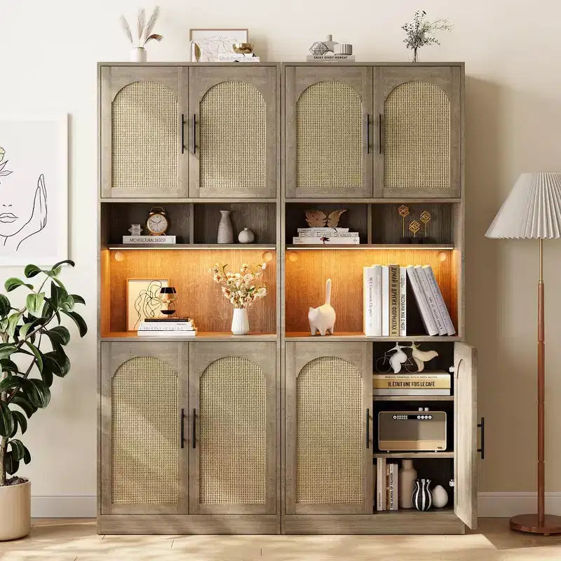 Dispensa da cucina Garvee con luce RGB, mobile alto da cucina con vetrina e supporto per microonde, armadietto in legno, credenza per sala da pranzo, rovere