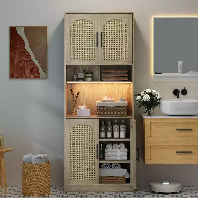 Dispensa da cucina Garvee con luce RGB, mobile alto da cucina con vetrina e supporto per microonde, armadietto in legno, credenza per sala da pranzo, rovere