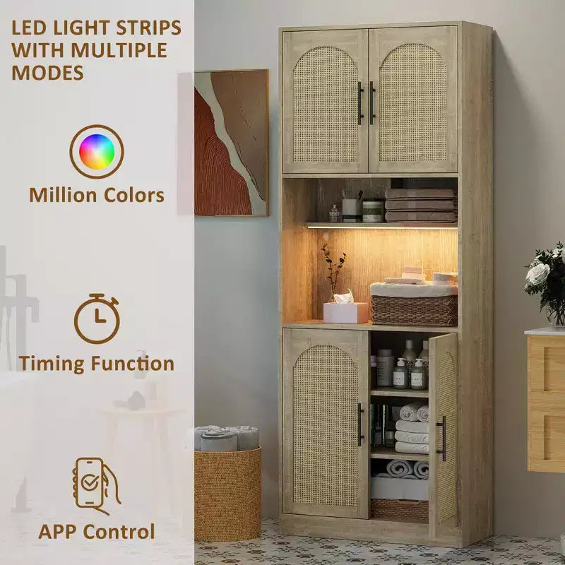 Dispensa da cucina Garvee con luce RGB, mobile alto da cucina con vetrina e supporto per microonde, armadietto in legno, credenza per sala da pranzo, rovere