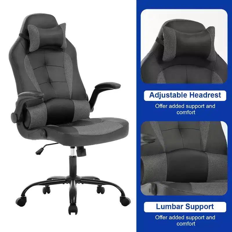 BestMassage Gaming Chair Office Chair Computer Desk Chair with Lumbar Support and Adjustable Headrest and PU Leather Gamer Chair for Adults