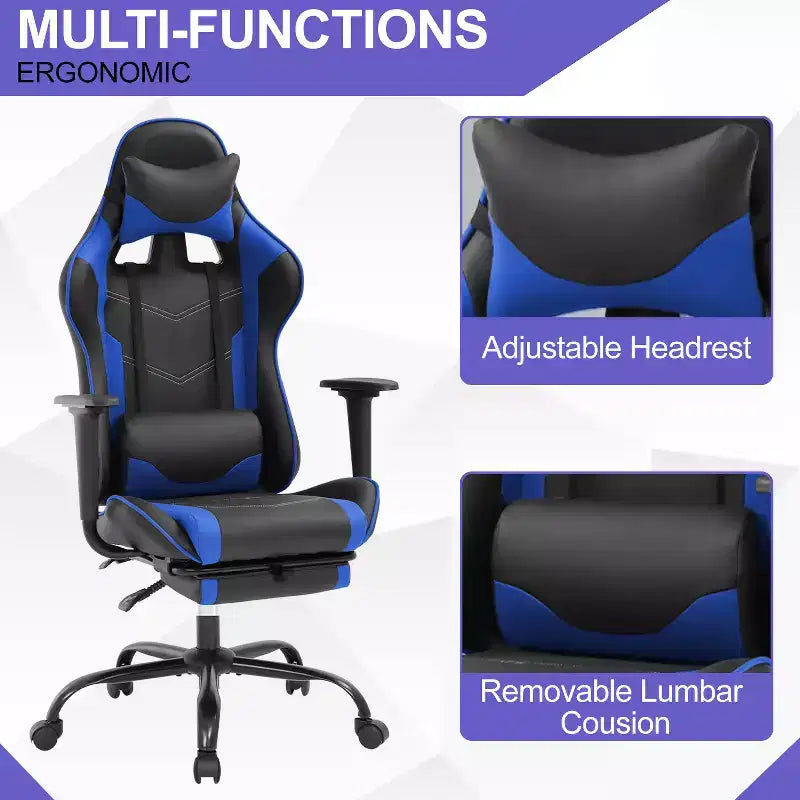 BestMassage Sedia da gaming per computer con supporto lombare e poggiapiedi, design girevole con ruote, sedia da ufficio per casa e gaming