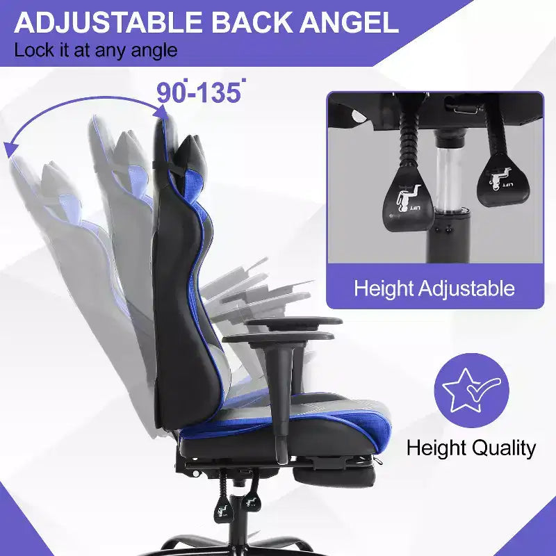 BestMassage Sedia da gaming per computer con supporto lombare e poggiapiedi, design girevole con ruote, sedia da ufficio per casa e gaming