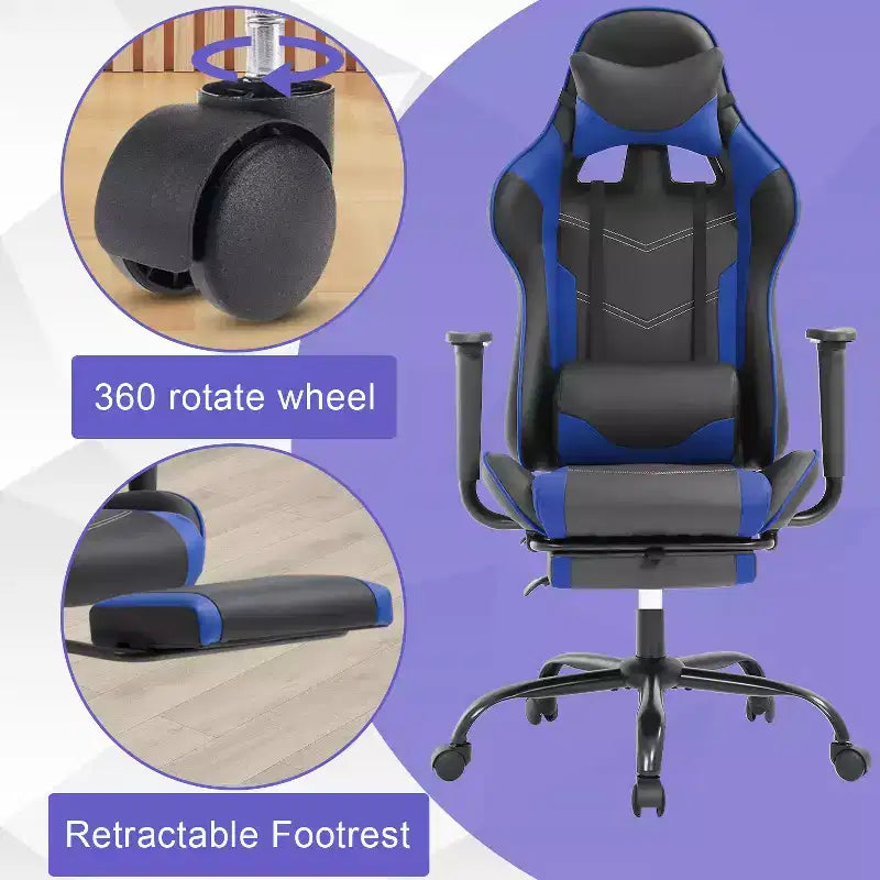 BestMassage Sedia da gaming per computer con supporto lombare e poggiapiedi, design girevole con ruote, sedia da ufficio per casa e gaming
