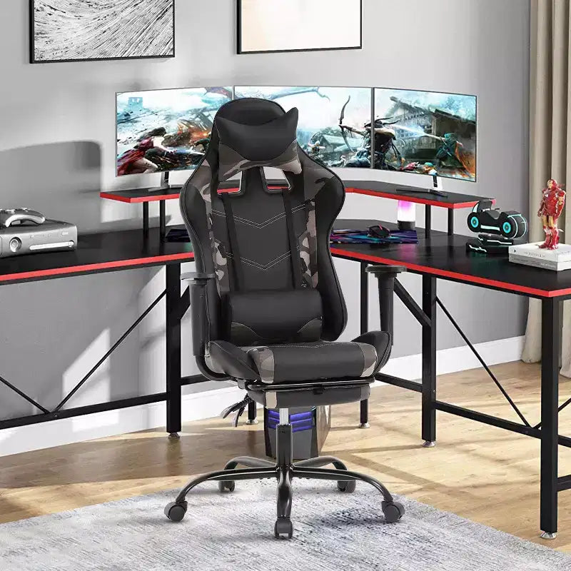 BestMassage Sedia da gaming per computer con supporto lombare e poggiapiedi, design girevole con ruote, sedia da ufficio per casa e gaming
