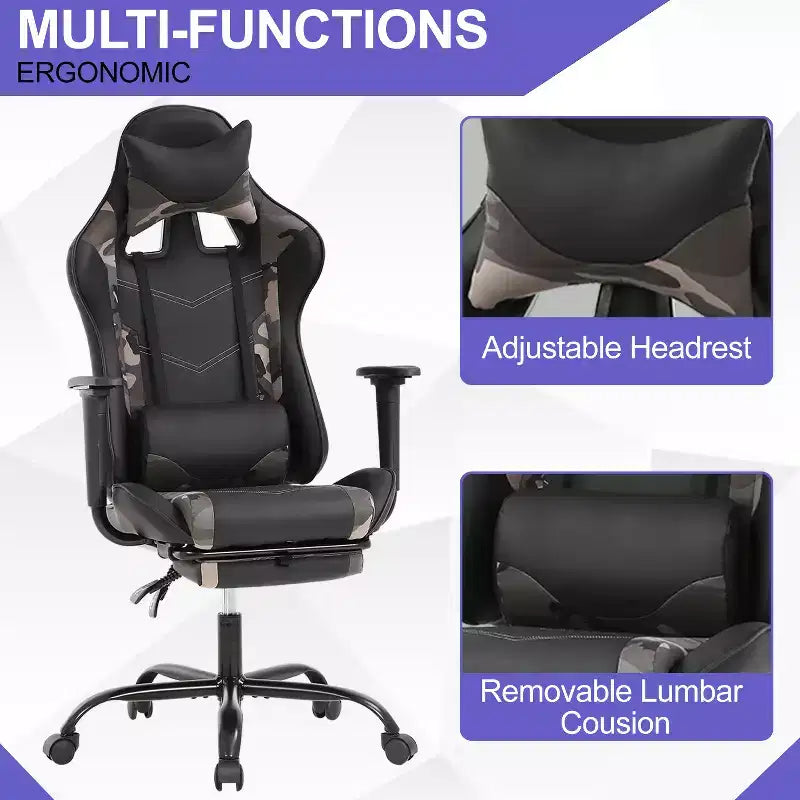 BestMassage Sedia da gaming per computer con supporto lombare e poggiapiedi, design girevole con ruote, sedia da ufficio per casa e gaming