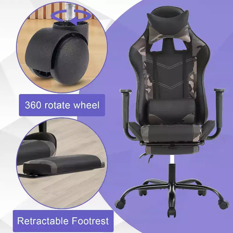 BestMassage Sedia da gaming per computer con supporto lombare e poggiapiedi, design girevole con ruote, sedia da ufficio per casa e gaming