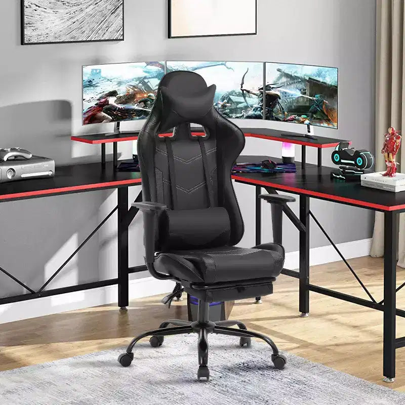 BestMassage Sedia da gaming per computer con supporto lombare e poggiapiedi, design girevole con ruote, sedia da ufficio per casa e gaming