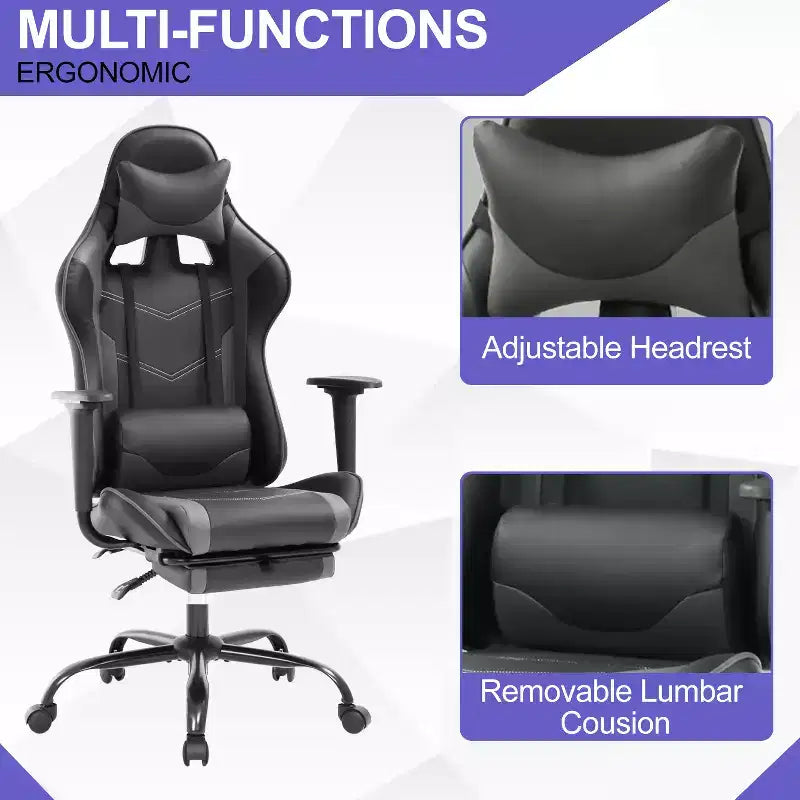 BestMassage Sedia da gaming per computer con supporto lombare e poggiapiedi, design girevole con ruote, sedia da ufficio per casa e gaming