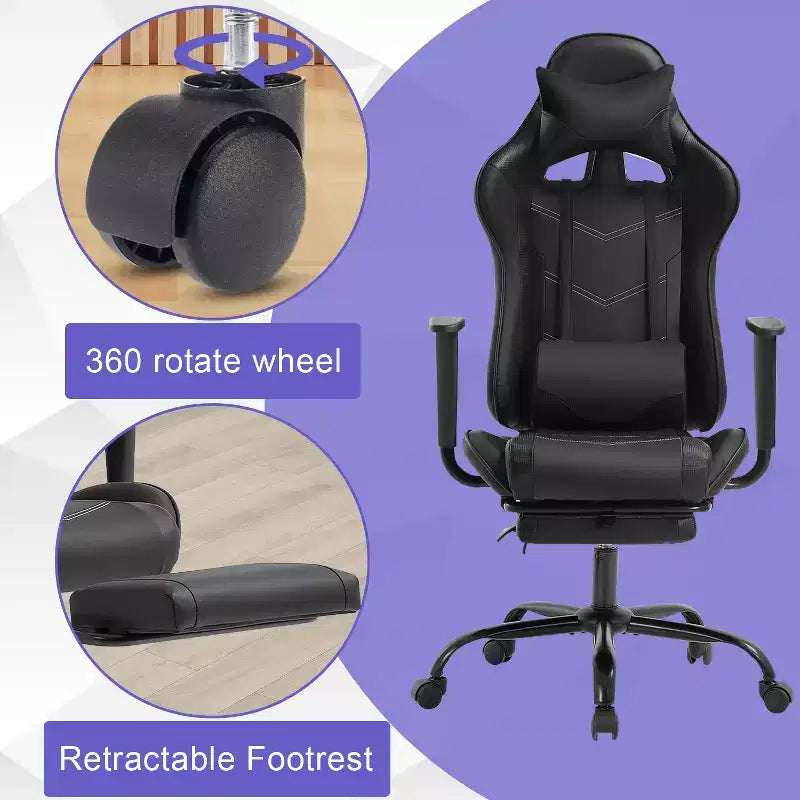 BestMassage Sedia da gaming per computer con supporto lombare e poggiapiedi, design girevole con ruote, sedia da ufficio per casa e gaming