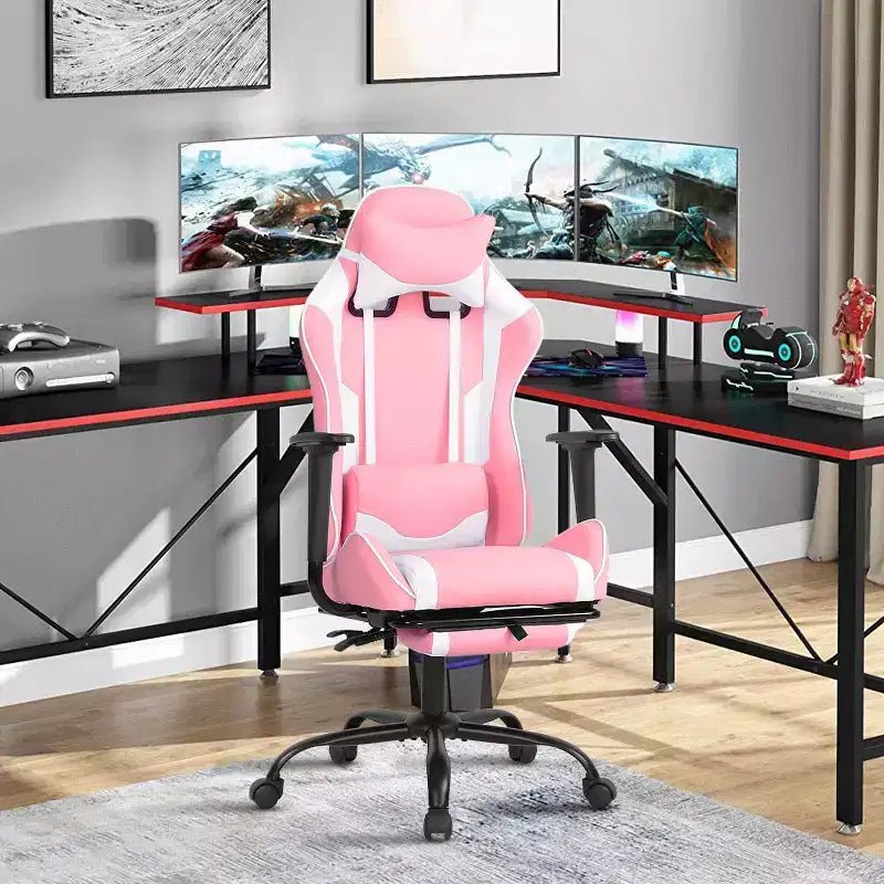 BestMassage Sedia da gaming per computer con supporto lombare e poggiapiedi, design girevole con ruote, sedia da ufficio per casa e gaming