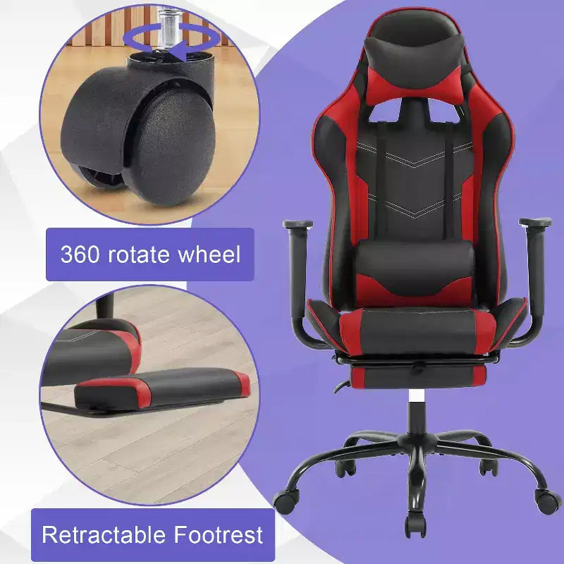 BestMassage Sedia da gaming per computer con supporto lombare e poggiapiedi, design girevole con ruote, sedia da ufficio per casa e gaming
