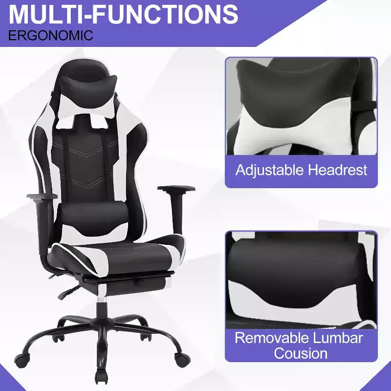 BestMassage Sedia da gaming per computer con supporto lombare e poggiapiedi, design girevole con ruote, sedia da ufficio per casa e gaming