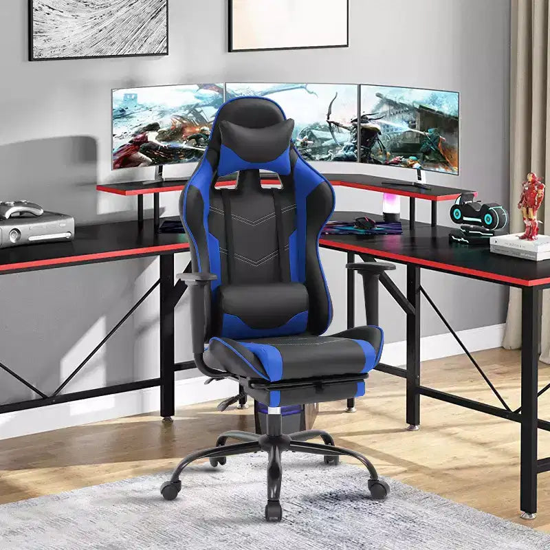 BestMassage Sedia da gaming per computer con supporto lombare e poggiapiedi, design girevole con ruote, sedia da ufficio per casa e gaming