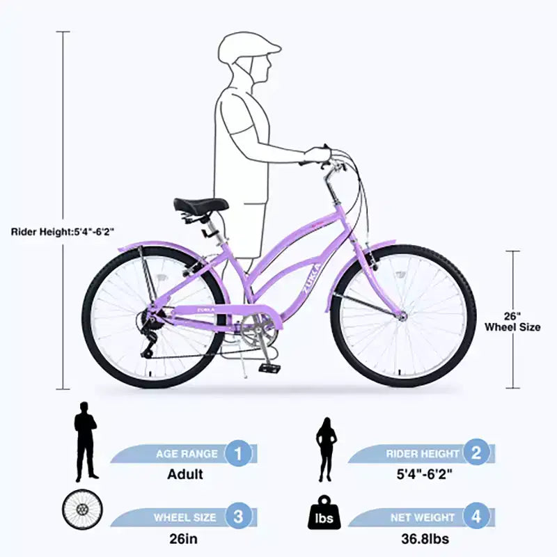 26 Inch Cruiser Bike, 7 Speed Multiple Colors Men's Women's Beach Cruiser Bike with Front and Rear V-brakes