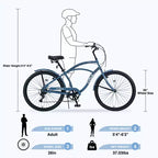 26 Inch Cruiser Bike, 7 Speed Multiple Colors Men's Women's Beach Cruiser Bike with Front and Rear V-brakes