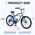 26 Inch Cruiser Bike, 7 Speed Multiple Colors Men's Women's Beach Cruiser Bike with Front and Rear V-brakes