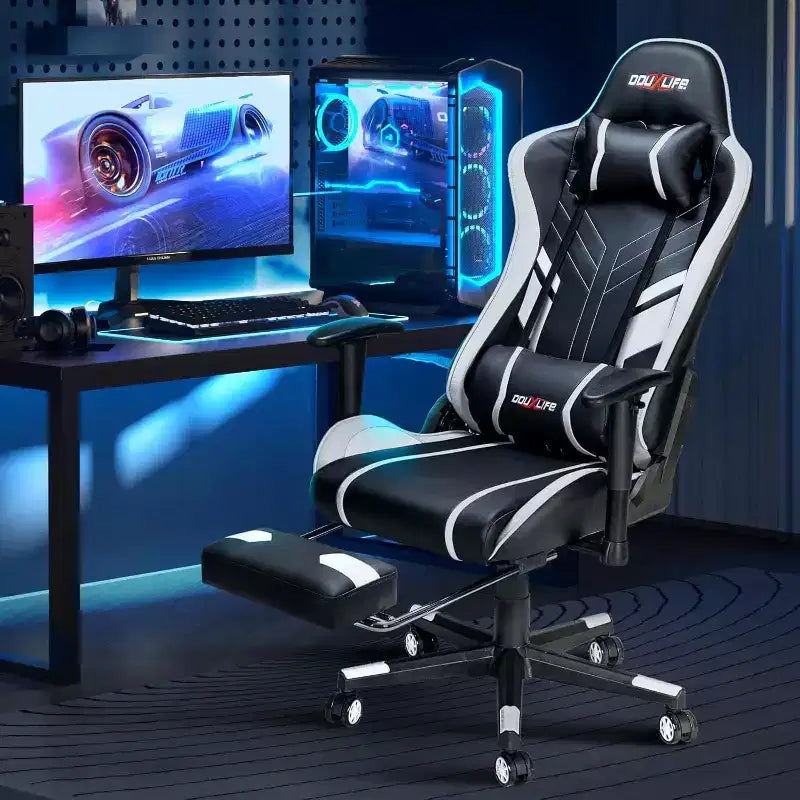 Douxlife Sedia da Gaming Ergonomica Moderna con Massaggio a 7 Punti, Poggiapiedi e Braccioli Regolabili Bianco Nero