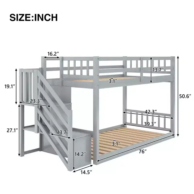 Whisen Wood Twin over Twin Floor Bunk Bed with Storage Ladder