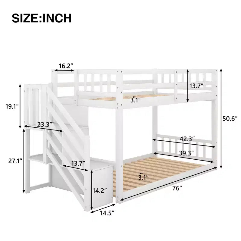 Whisen Wood Twin over Twin Floor Bunk Bed with Storage Ladder