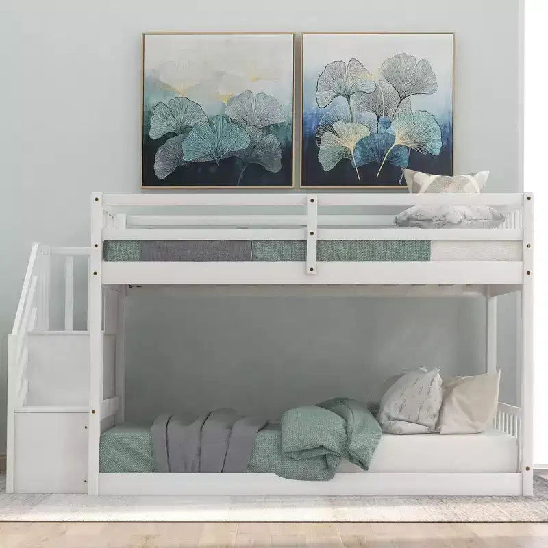 Whisen Wood Twin over Twin Floor Bunk Bed with Storage Ladder
