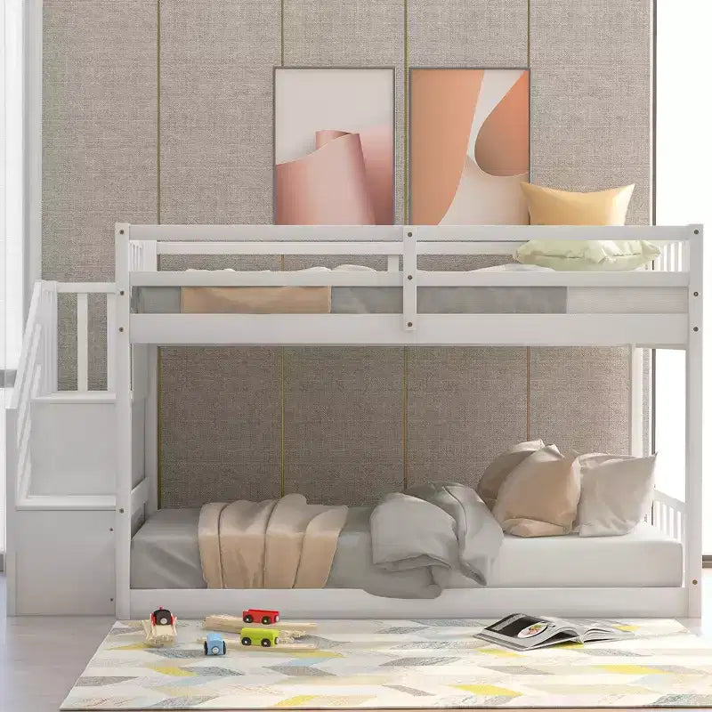 Whisen Wood Twin over Twin Floor Bunk Bed with Storage Ladder