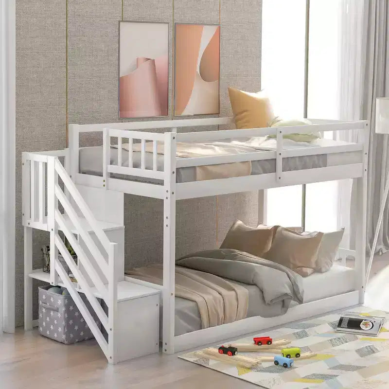 Whisen Wood Twin over Twin Floor Bunk Bed with Storage Ladder