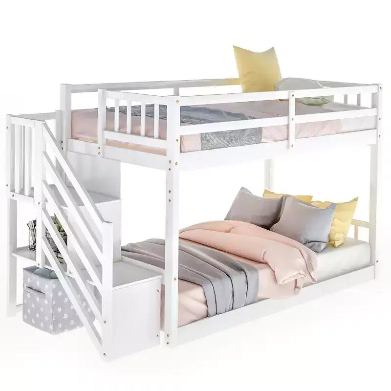 Whisen Wood Twin over Twin Floor Bunk Bed with Storage Ladder
