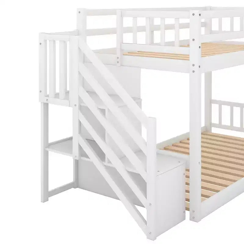 Whisen Wood Twin over Twin Floor Bunk Bed with Storage Ladder