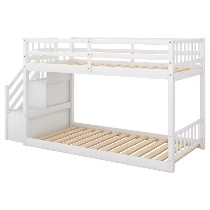 Whisen Wood Twin over Twin Floor Bunk Bed with Storage Ladder