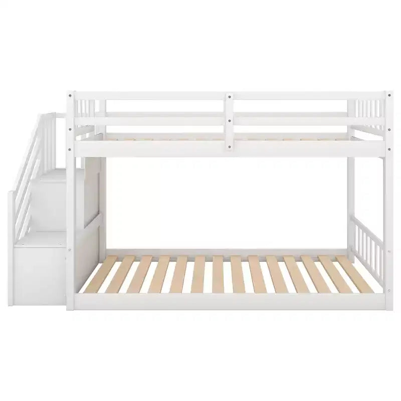 Whisen Wood Twin over Twin Floor Bunk Bed with Storage Ladder