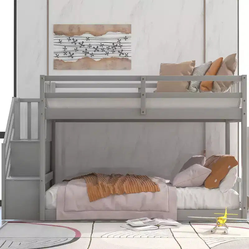 Whisen Wood Twin over Twin Floor Bunk Bed with Storage Ladder