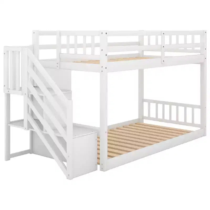 Whisen Wood Twin over Twin Floor Bunk Bed with Storage Ladder