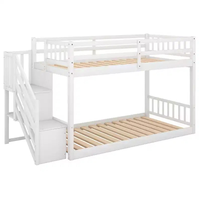 Whisen Wood Twin over Twin Floor Bunk Bed with Storage Ladder