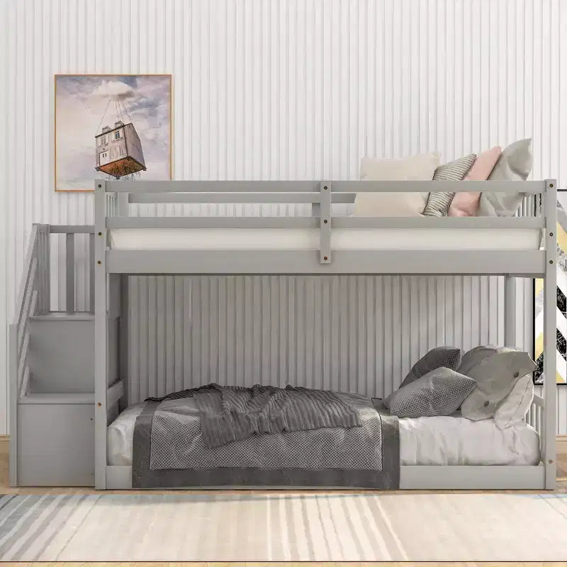 Whisen Wood Twin over Twin Floor Bunk Bed with Storage Ladder