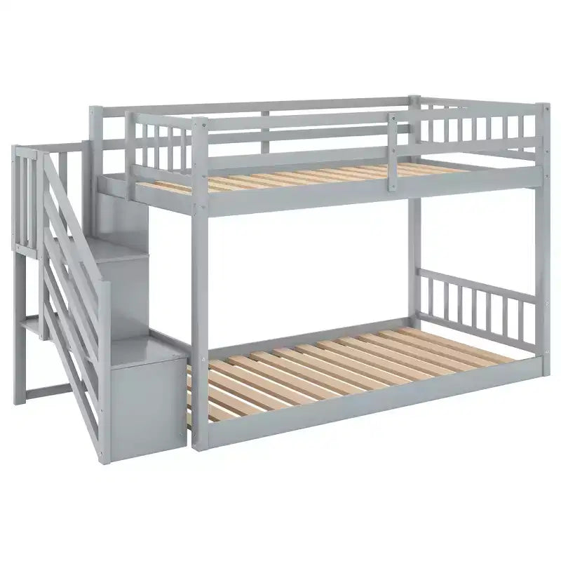 Whisen Wood Twin over Twin Floor Bunk Bed with Storage Ladder