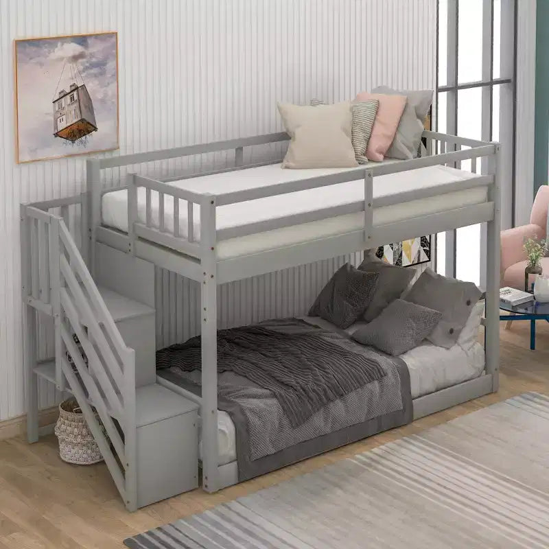 Whisen Wood Twin over Twin Floor Bunk Bed with Storage Ladder