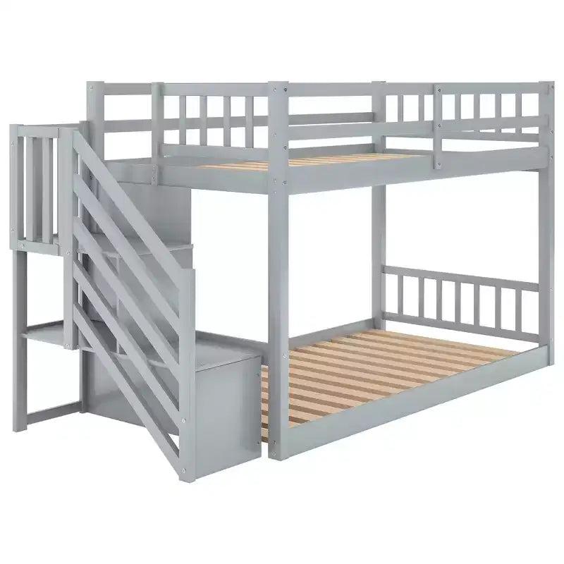 Whisen Wood Twin over Twin Floor Bunk Bed with Storage Ladder