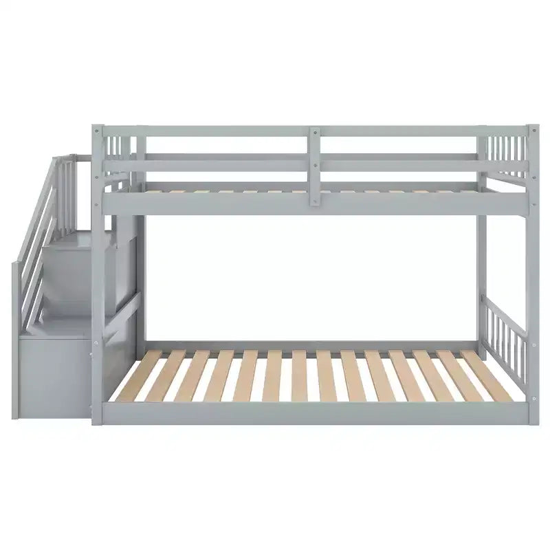 Whisen Wood Twin over Twin Floor Bunk Bed with Storage Ladder
