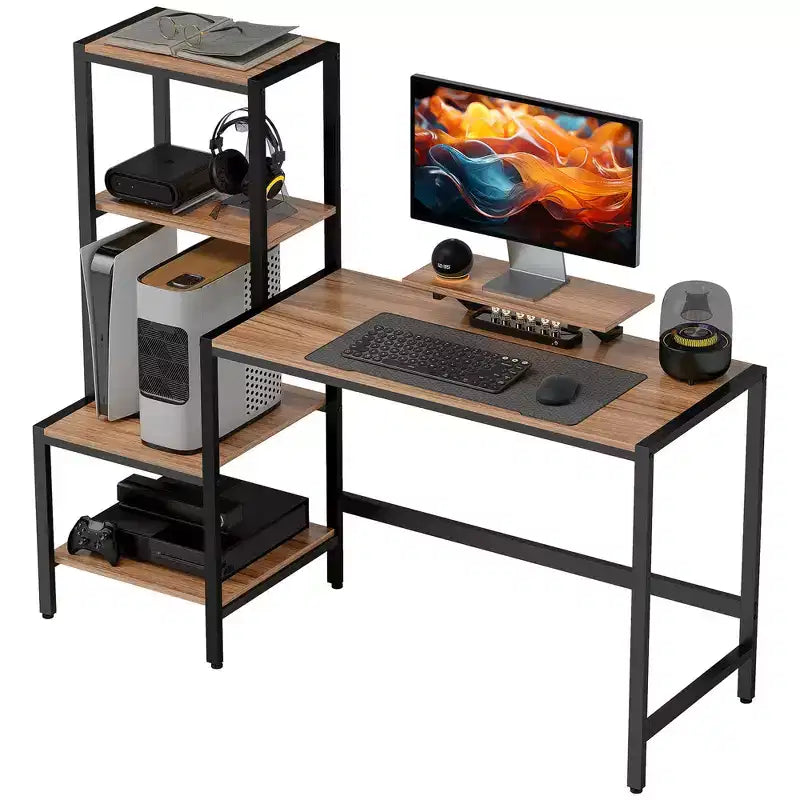 HOMCOM Computer Desk with Monitor Stand, 4-Tier Reversible Home Office Desk with Printer Shelf or CPU Stand, Industrial Writing Desk, Brown