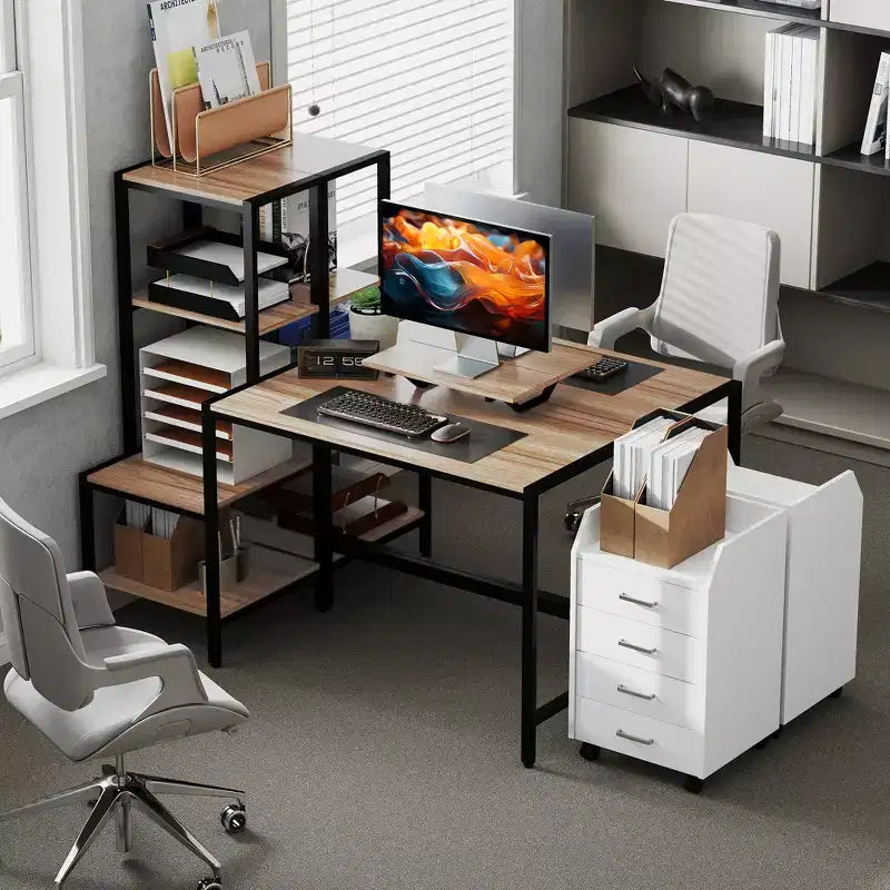 HOMCOM Computer Desk with Monitor Stand, 4-Tier Reversible Home Office Desk with Printer Shelf or CPU Stand, Industrial Writing Desk, Brown