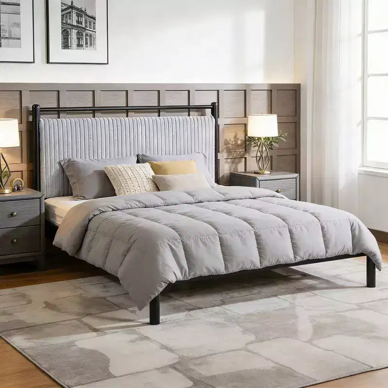 Christopher Knight Home Mircea Modern Rubberwood Platform Bed Frame with Light Grey Fluffy Headboard