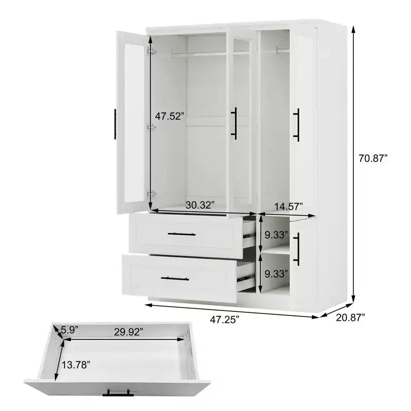Keloyid White Wood 47.25 in. Armoire with 2 Drawers and 4 Doors