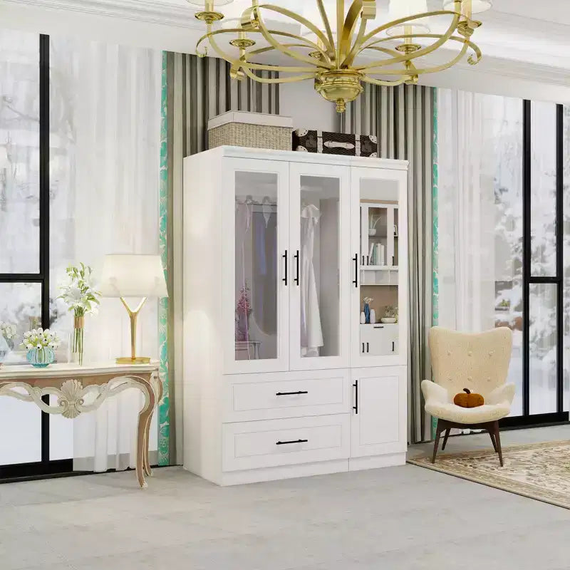 Keloyid White Wood 47.25 in. Armoire with 2 Drawers and 4 Doors