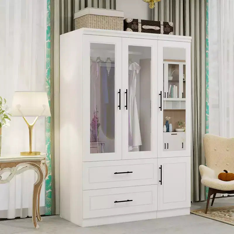 Keloyid White Wood 47.25 in. Armoire with 2 Drawers and 4 Doors
