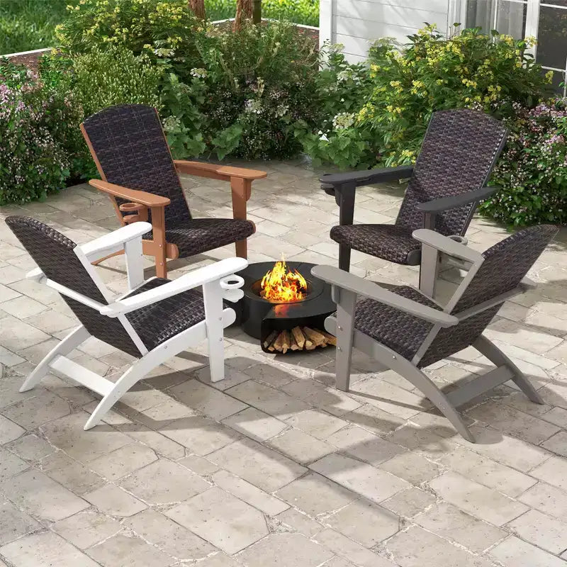 Costway Patio Adirondack Chair with Rattan Padded Seat Wide Armrests & Hidden Cupholder Black/Brown/Gray/White